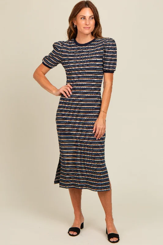 Extra Savings bohemian dressNavy Multi Striped Puff Sleeve Midi Dress