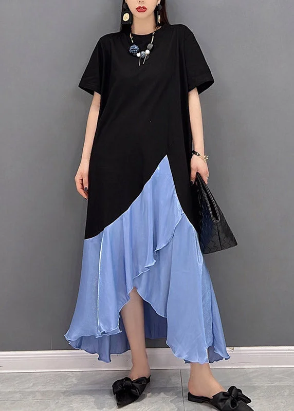 Limited Quantity t-shirt dressWomen Blue O-Neck Asymmetric Patchwork Dress Short Sleeve Limited Quantity t-shirt dressWomen Blue O-Neck Asymmetric Patchwork Dress Short Sleeve