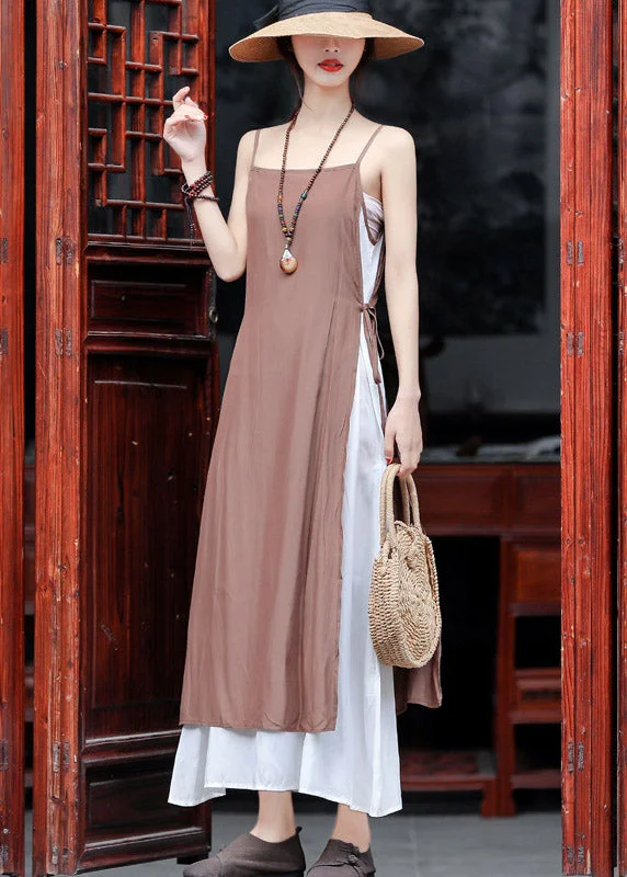 Best Deals lace-up dressChocolate Cotton Fake Two Piece Spaghetti Strap Beach Dresses Side Open Summer Best Deals lace-up dressChocolate Cotton Fake Two Piece Spaghetti Strap Beach Dresses Side Open Summer