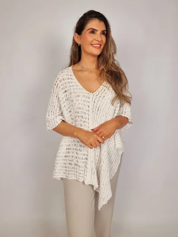 silk dressNaya White V-Neck Square Knit