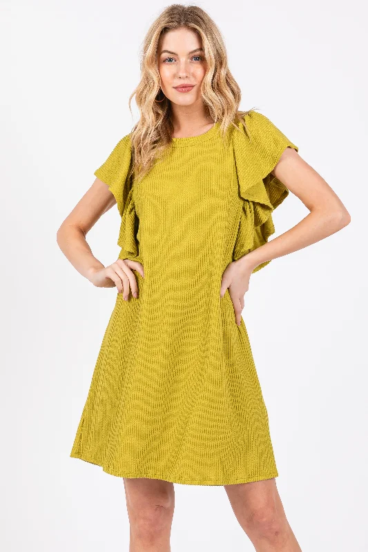Midnight Madness boho-chic dressLime Ribbed Ruffle Sleeve Dress