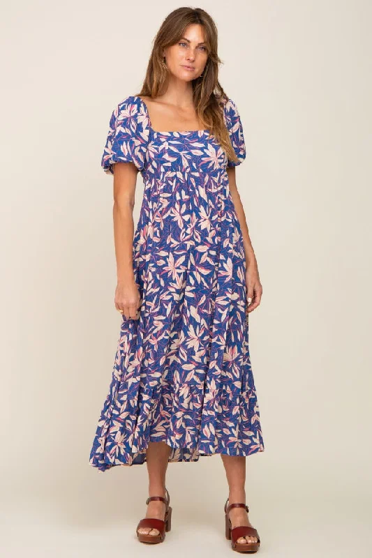 Buy Now flowy maxi dressBlue Floral Puff Sleeve Midi Dress