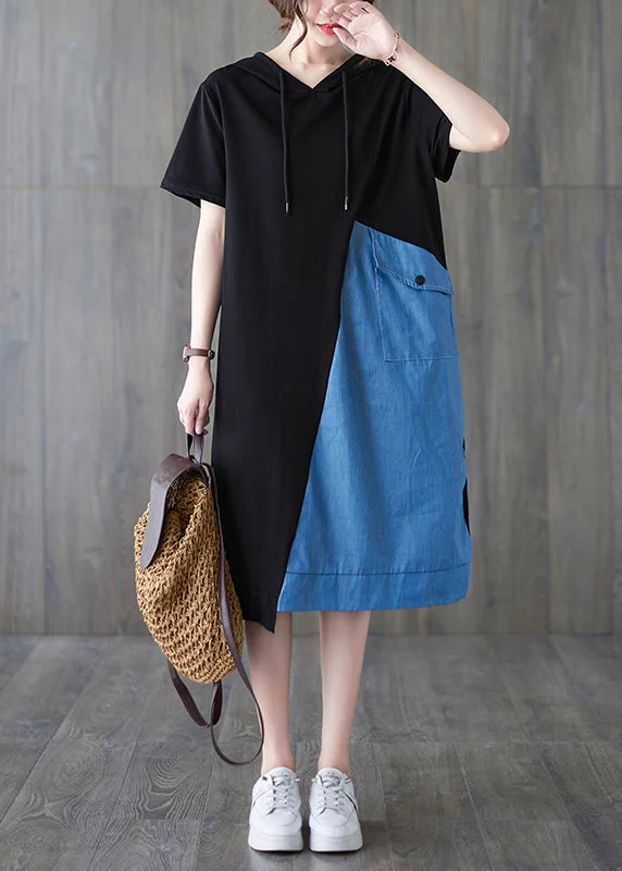 Super Savings bohemian dressChic Blue Black Hooded drawstring Patchwork Streetwear Dress Short Sleeve