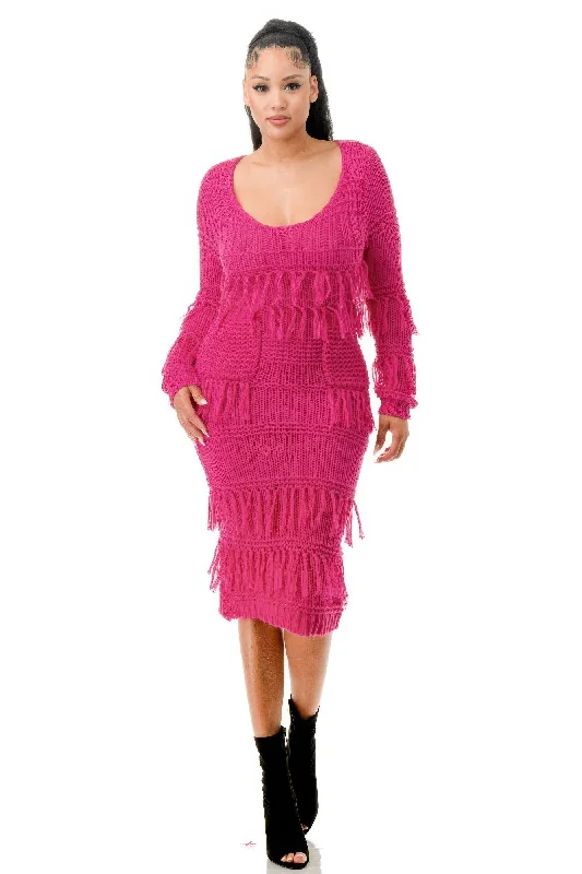 elegant maxi dressKnit Long Sleeve Fringe Dress