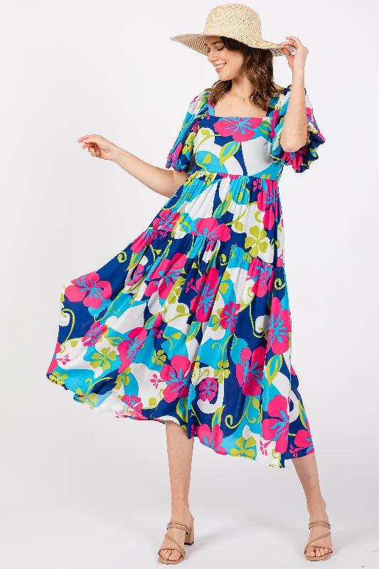 Super Savings one-shoulder dressRoyal Floral Tiered Puff Sleeve Midi Dress