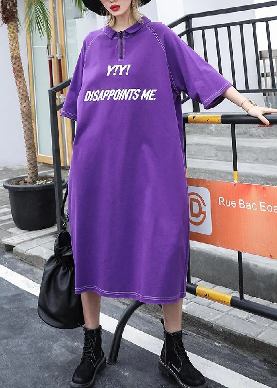 Limited Stock casual day dressWomen purple cotton outfit alphabet prints long summer Dress