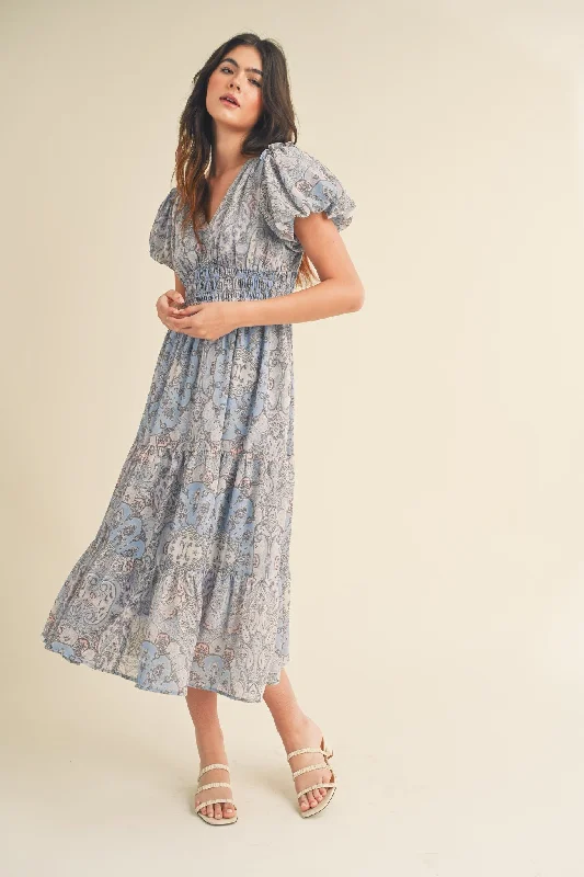 Price Fest boho dressBlue Multi Paisley Bubble Sleeve Midi Dress