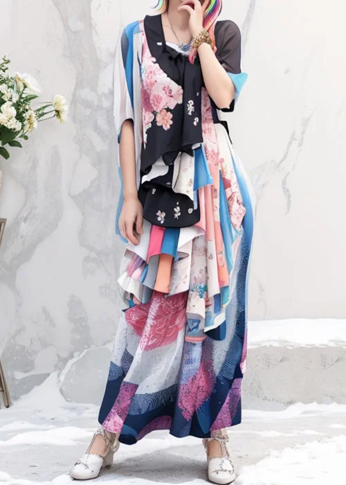 statement dressOriginal Colorblock Print Wrinkled Silk Long Dress Half Sleeve