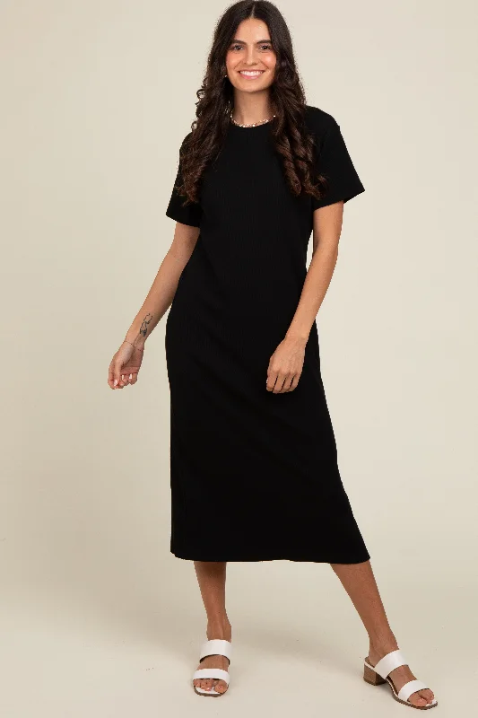 Unmissable Offer summer dressBlack Short Sleeve Side Slit T-Shirt Midi Dress