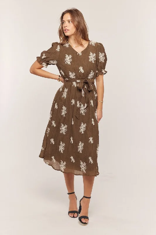 Bargain Prices vintage-inspired dressBrown Embroidered Sash Tie Midi Dress