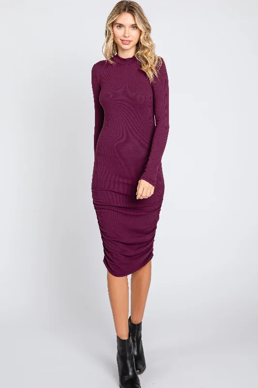 Bargain Prices fitted cocktail dressPlum Ribbed Mock Neck Ruched Long Sleeve Dress