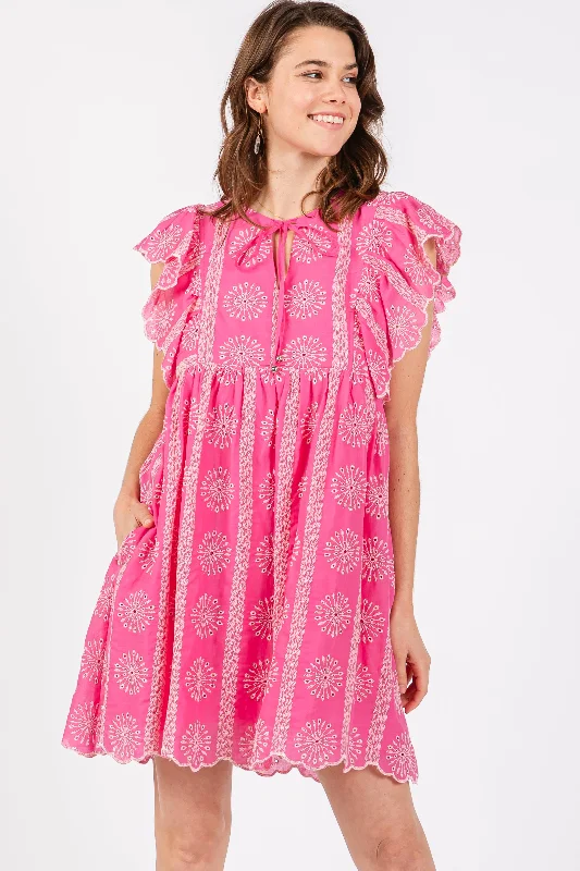 Price Drop Alert flowy evening dressPink Embroidered Flutter Sleeve Dress