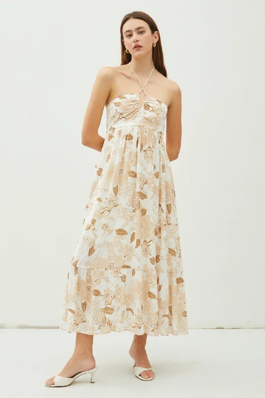 Super Deal structured dressBeige Floral Ruched Front Halter Midi Dress