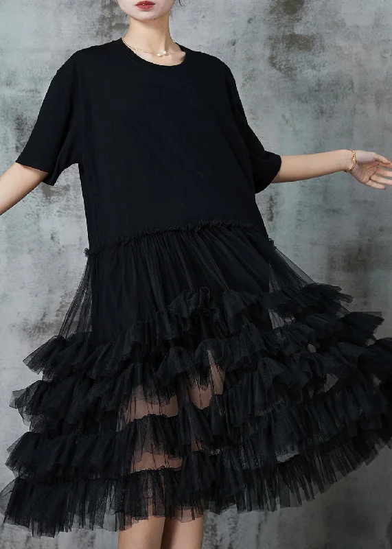 puff sleeve dressFrench Black Ruffled Patchwork Cotton Maxi Dress Summer