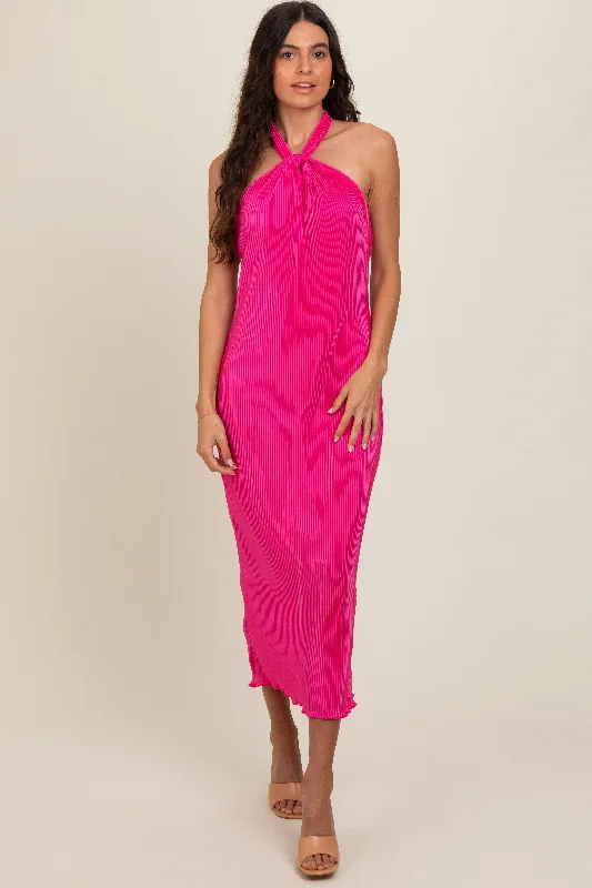 Weekend Deal t-shirt dressFuchsia Knot Front Plisse Halter Midi Dress