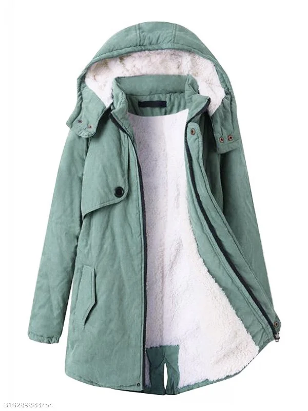 Deep Discounts warm outerwearHooded Flap Pocket Plain Fleece Lined Coat