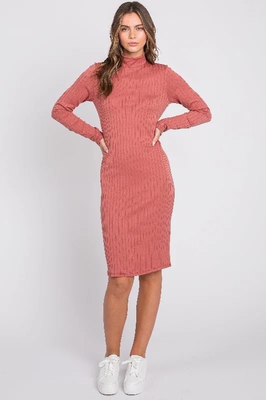 Act Now velvet dressRust Ribbed Mock Neck Long Sleeve Dress