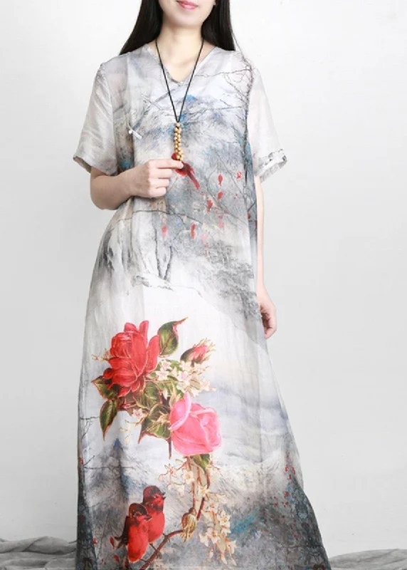 Price Blitz long sleeve dressFrench White Print Linen Chinese Button Vacation Dresses