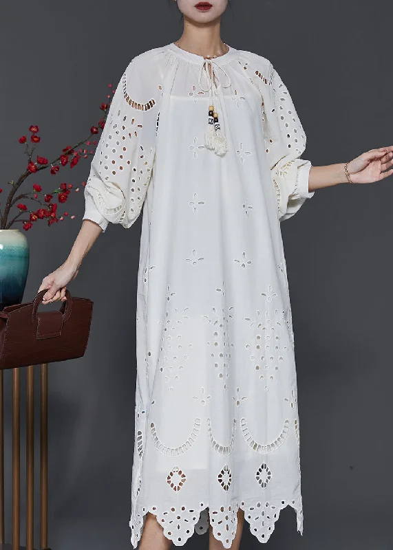 minimalistic dressFrench White Hollow Out Cotton Long Dress Spring