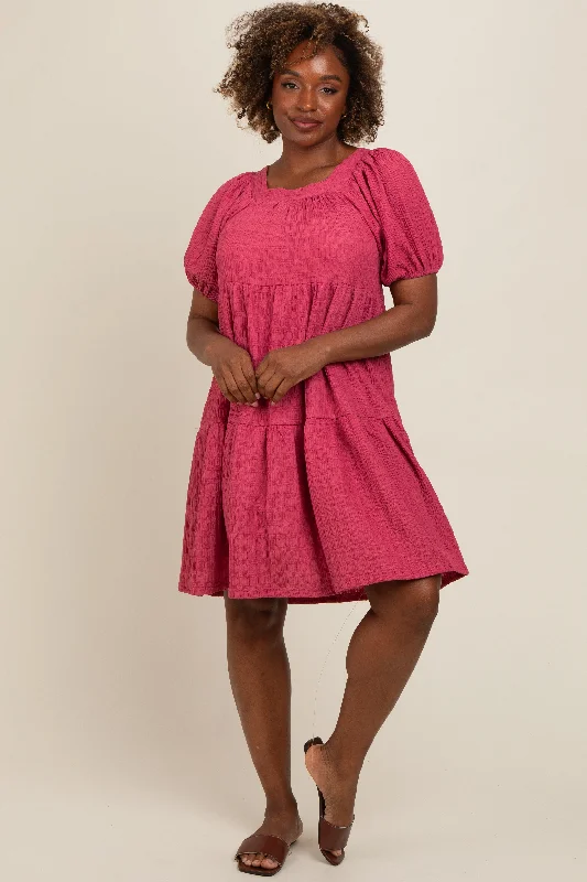 Crazy Deals playful dressPink Textured Tiered Puff Sleeve Dress