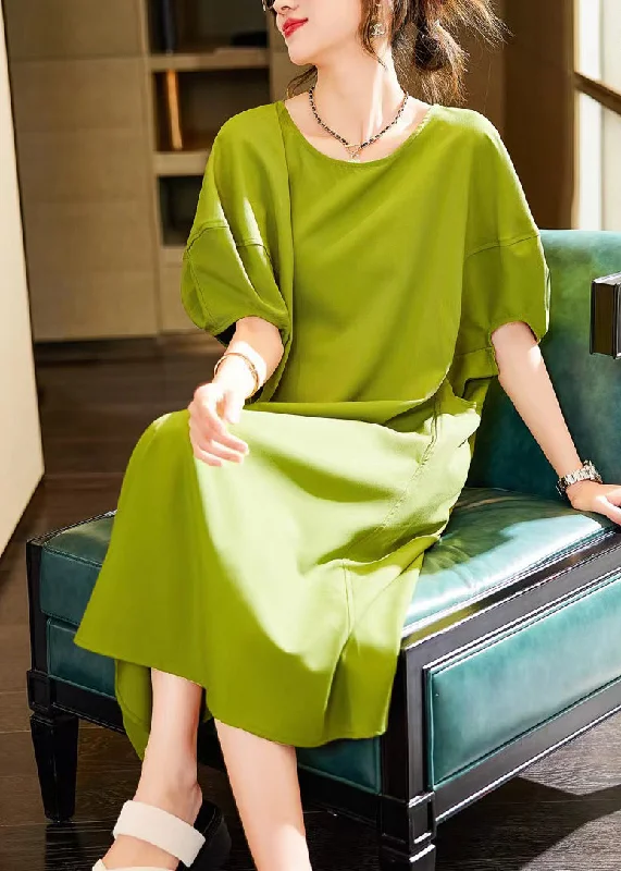 casual day dressSimple Green O-Neck Patchwork Long Dress Short Sleeve