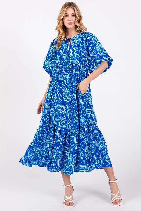 Hurry In stylish dressBlue Floral Tiered Midi Dress