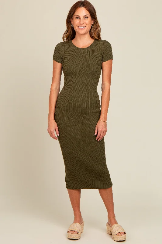 Special Discount fitted cocktail dressOlive Short Sleeve Rib Knit Midi Dress