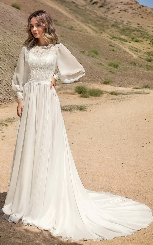 wool dressModest Boho Beach Forest A-Line Lace Wedding Dress with Sleeves Floral Minimalist Boat Neck Chiffon Bridal Gown