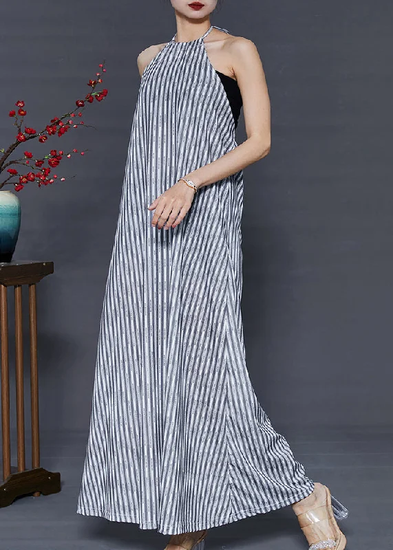 flowy dressWomen Grey Striped Backless Cotton Beach Dress Summer