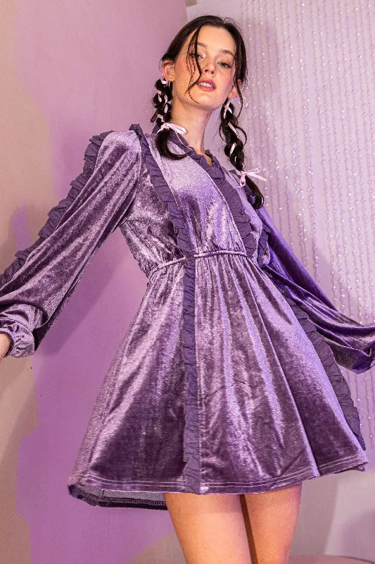 Online Exclusive classic fit-and-flare dressLavender Velvet Ruffle Detail Surplice Dress Online Exclusive classic fit-and-flare dressLavender Velvet Ruffle Detail Surplice Dress