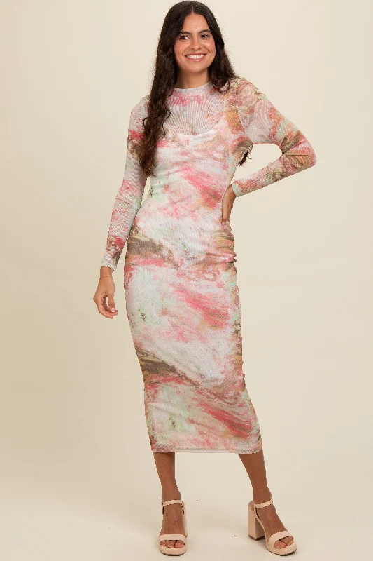 Savings Galore trendy mini dressPink Abstract Printed Mesh Overlay Maxi Dress