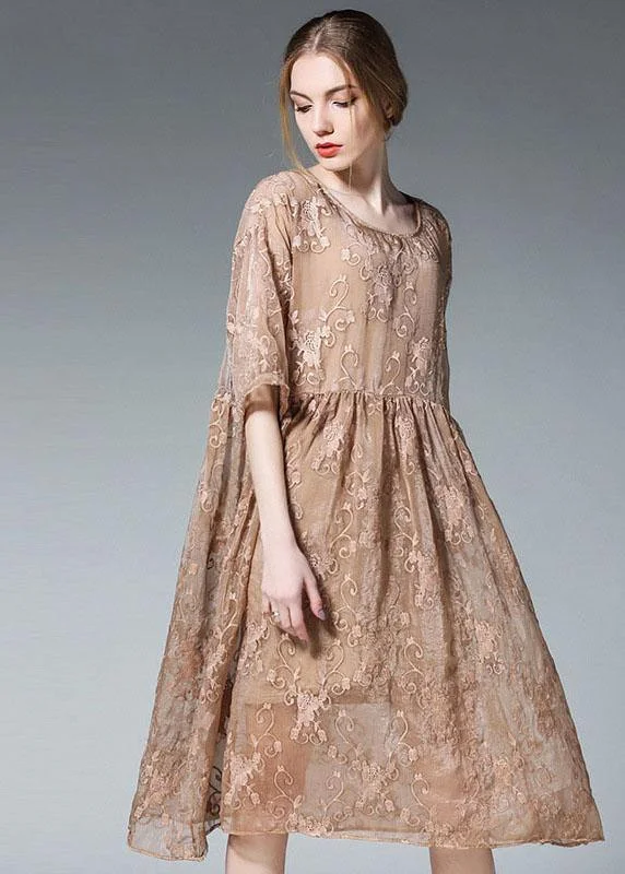 Price Smash classic fit-and-flare dressLoose Khaki O-Neck Patchwork Summer  Dress Half Sleeve