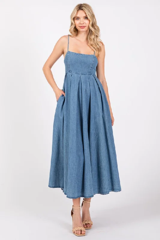 Big Savings trendy dressBlue Back Tie Straight Neck Maternity Midi Dress