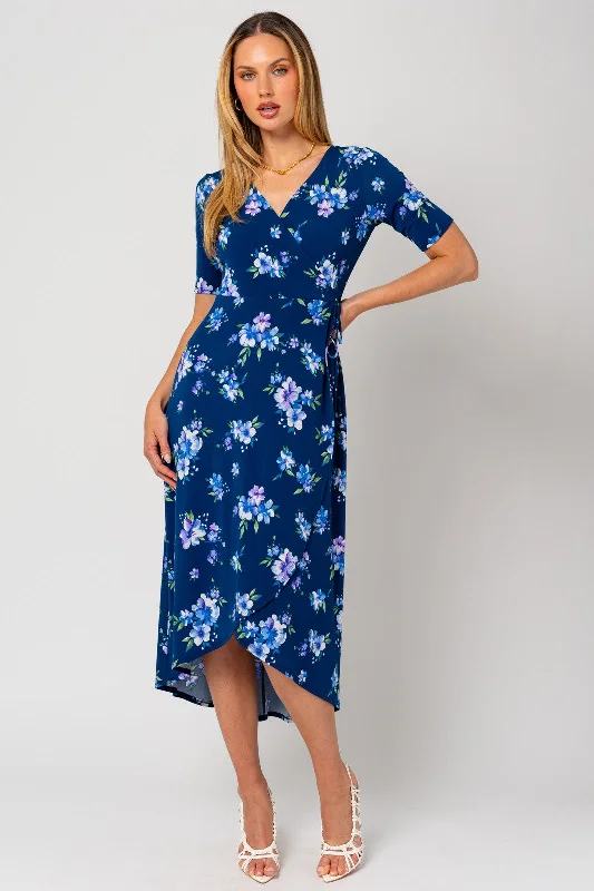 Weekend Flash Sale denim dressNavy Floral Short Sleeve Wrap Dress