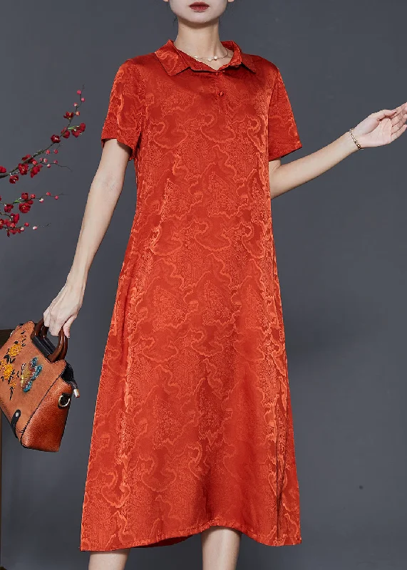 sleeveless dressOrange Jacquard Silk Long Dress Exra Large Hem Summer