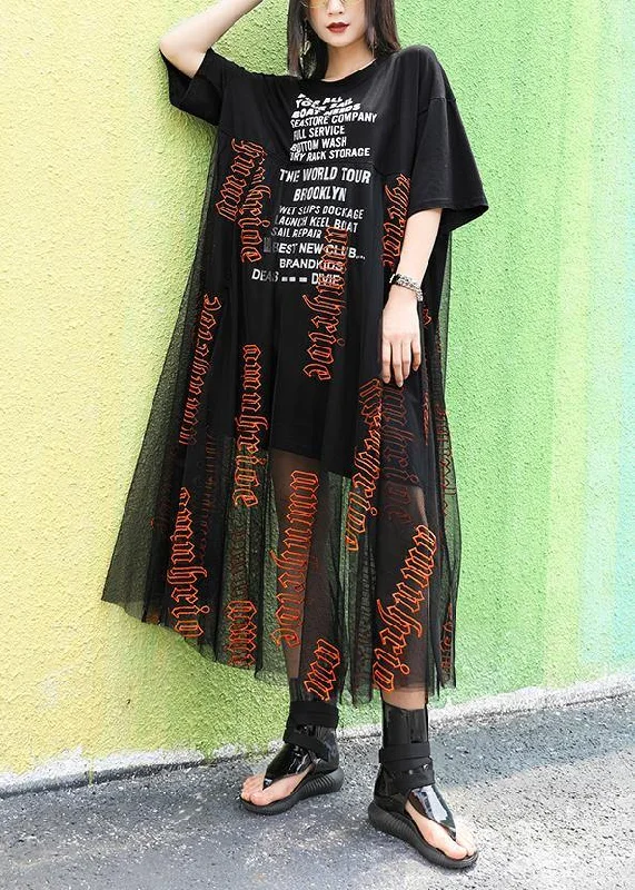 Special Discount classic fit-and-flare dressWomen o neck Letter cotton summer Long pattern black Dresses