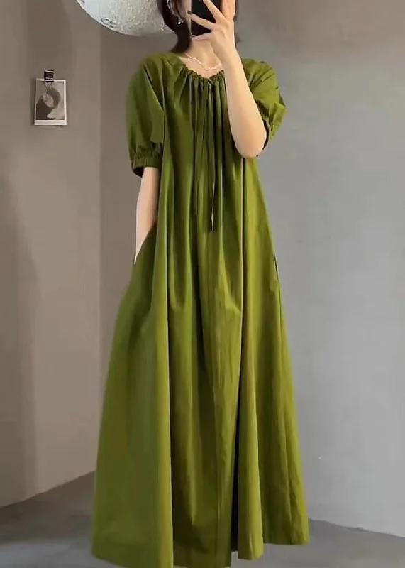 casual summer dressItalian Green O Neck Wrinkled Cotton Long Dress Summer