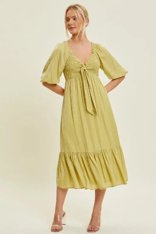 Best Bargains ashionable dressLight Olive Smocked Front Tie Midi Dress