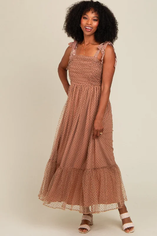 Massive Deals elegant maxi dressCamel Dotted Mesh Overlay Shoulder Tie Midi Dress