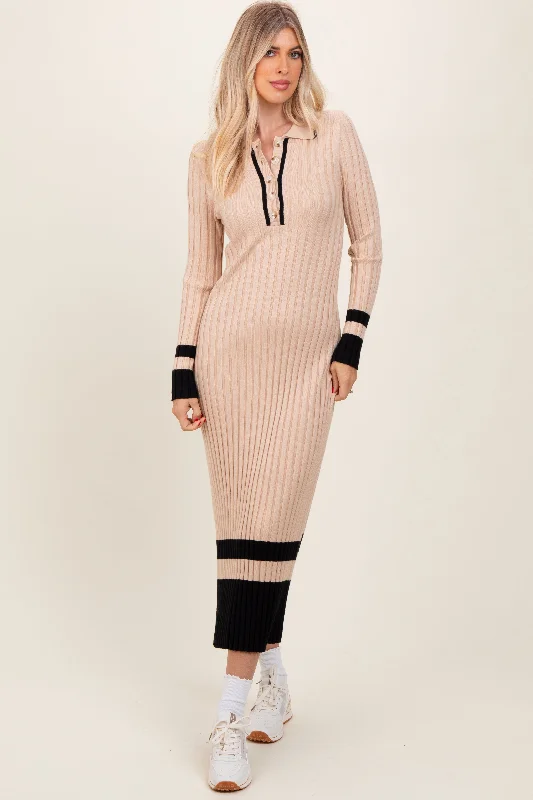 One-DAY Sale pleated dressBeige Contrast Trim Knit Polo Midi Dress