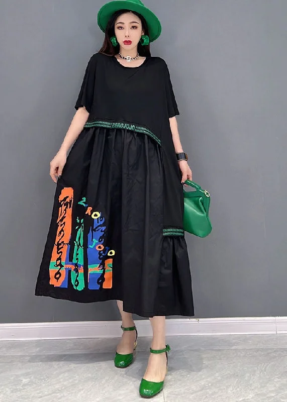 Amazing Deals summer dressBaggy Black Asymmetrical Patchwork Print Cotton Holiday Dress Short Sleeve Amazing Deals summer dressBaggy Black Asymmetrical Patchwork Print Cotton Holiday Dress Short Sleeve