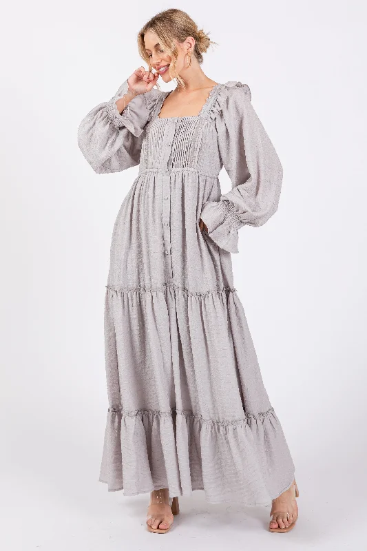 Don't Wait layered dressGrey Button Pleated Front Square Neck Ruffle Tiered Maxi Dress