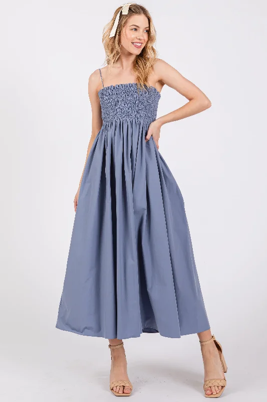 Special Price sleek dressBlue Smocked Pocketed Midi Dress