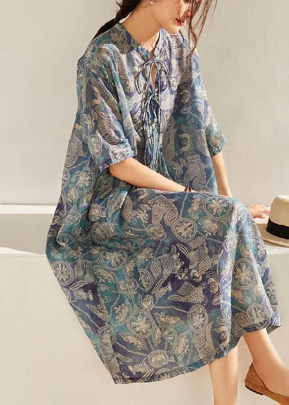 New Markdowns vintage-inspired dressChic Blue Print O-Neck tie Print Ramie Summer Holiday Dress