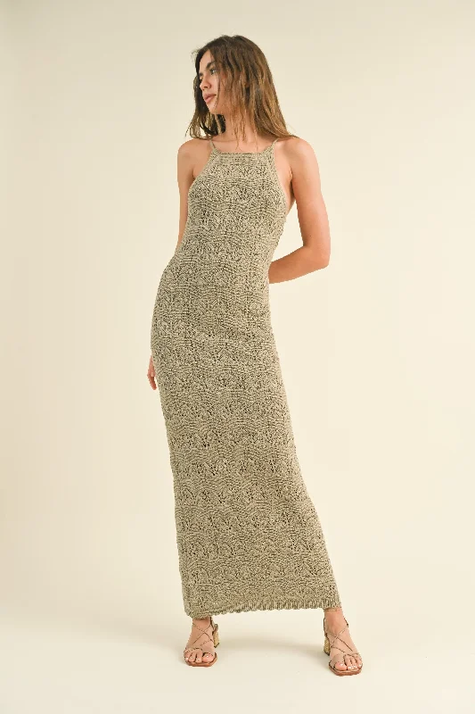 Incredible Offers casual evening dressTaupe Crochet Knit Back Cutout Maxi Dress