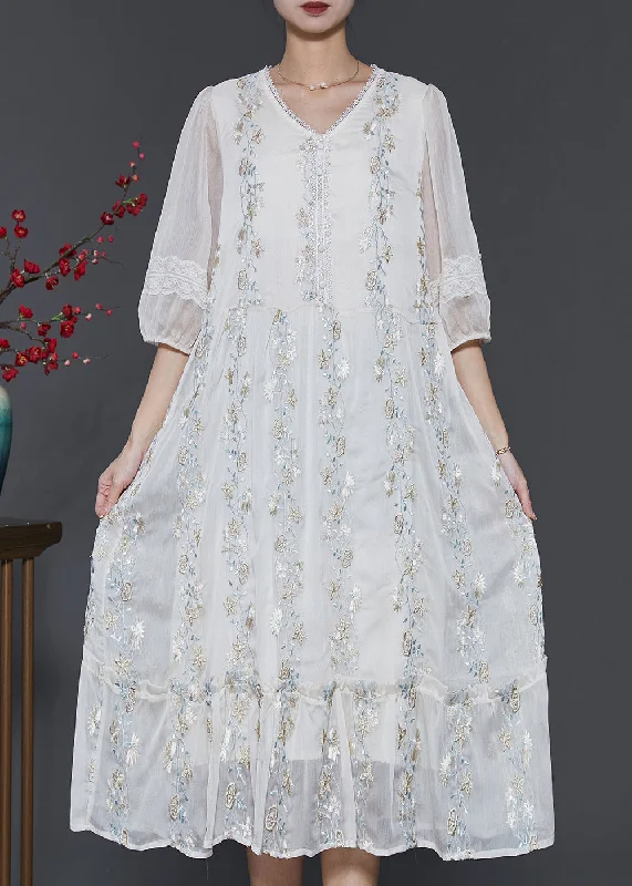 high-waisted dressBoutique White Embroidered Patchwork Lace Silk Dresses Summer