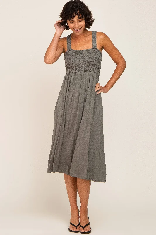 Deal Alert elegant shift dressOlive Smocked Ruffle Strap Midi Dress