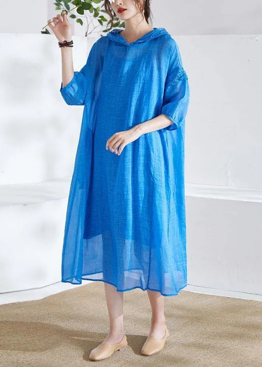 Price Fest sleeveless dressOrganic Blue Ruffled Patchwork Summer Ramie Maxi Dresses Half Sleeve