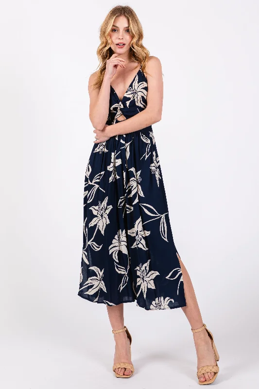 Closeout casual knit dressNavy Blue Floral Front Twist Midi Dress