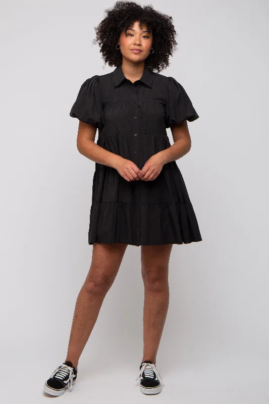 Hurry In stylish party dressBlack Puff Sleeve Mini Shirt Dress